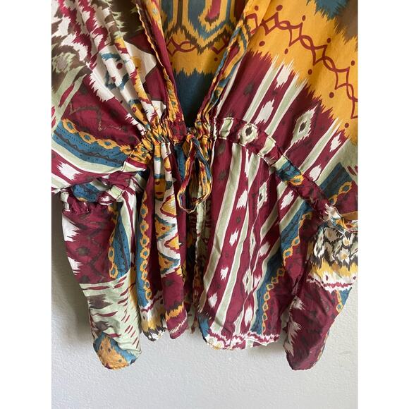 Silk Swim Cover Up Colorful Ethnic Tribal Boho Size 3X Tie Waist - Picture 3 of 8